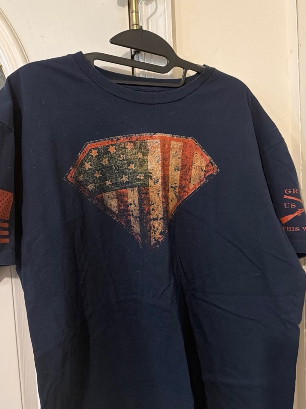 Grunt Style Navy Blue Short Sleeve Tee with Distressed Flag Shield